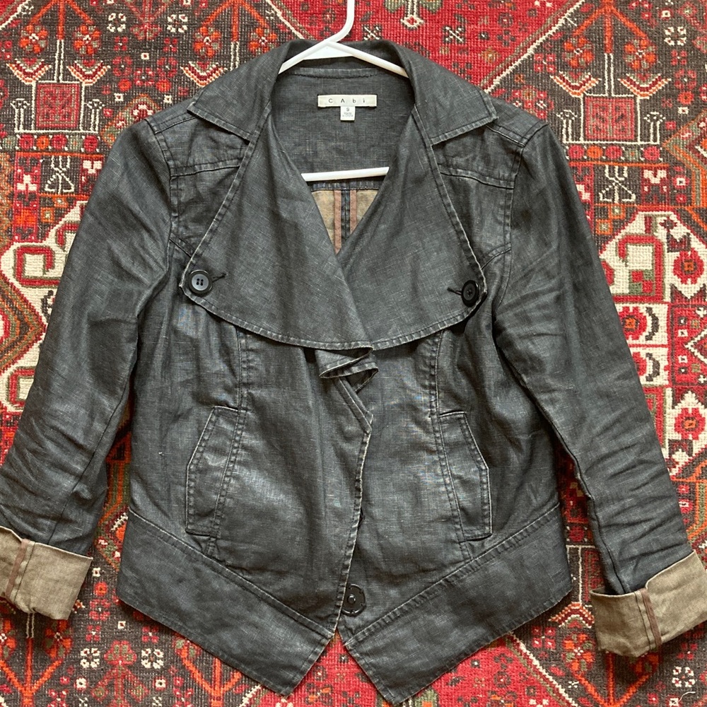CAbi Charcoal waxed Jean Jacket blazer 100% linen pockets snaps